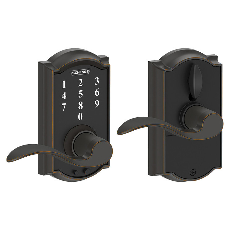 Schlage Residential Fe695 Keyless Touchscreen Lever With Camelot Trim And Accent Lever Style, Aged Bronze