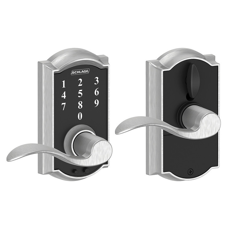 Schlage Residential Fe695 Keyless Touchscreen Lever With Camelot Trim And Accent Lever Style, Satin Chrome