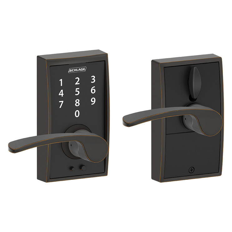 Schlage Residential Fe695 Keyless Touchscreen Lever With Century Trim And Merano Lever Style, Aged Bronze