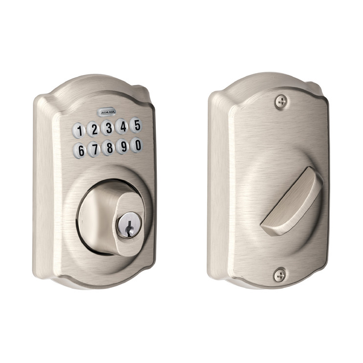 Schlage Residential BE365 Electronic Keypad Deadbolt In Vis Pack, Camelot Trim, Satin Nickel