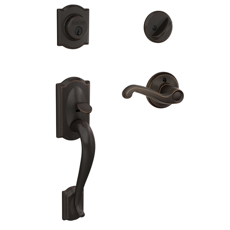 Schlage Residential F60 Camelot Handleset/Entrance Flair Lever Complete Lock Style Handleset, Left Hand, Aged Bronze