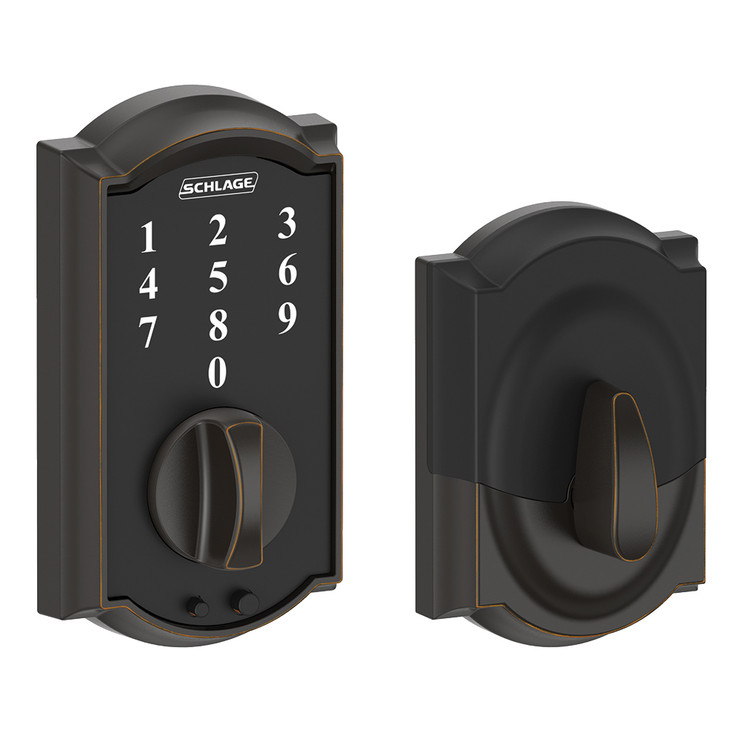 Schlage Residential BE375 Touch Deadbolt In Vis Pack Screen, Camelot Trim, Aged Bronze