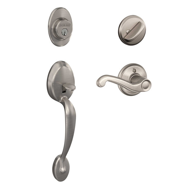 Schlage Residential F60 Plymouth Handleset/Entrance Flair Lever Complete Lock Style Handleset, Left Hand, Satin Nickel