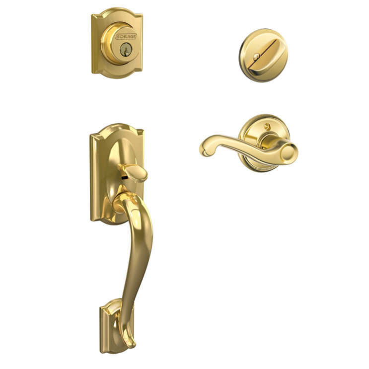 Schlage Residential F60 Camelot Handleset/Entrance Accent Lever Complete Lock X Split Finish Style Handleset, Flair, Split Finish 505 Lifetime, Left Hand, Bright Polished Brass