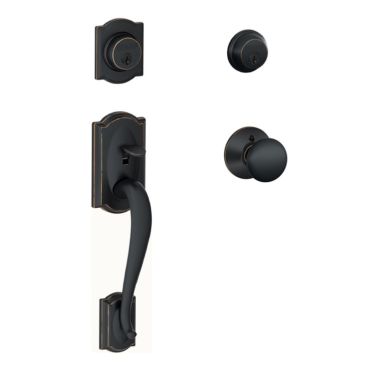 Schlage Residential F62 Camelot Double Cylinder Handleset With Plymouth Entrance Knob Style, Aged Bronze