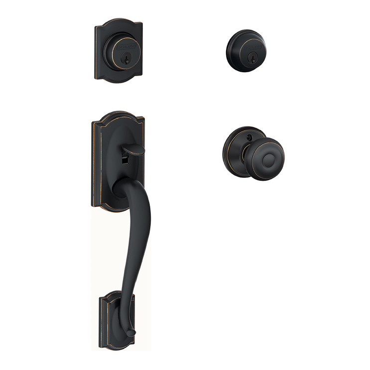 Schlage Residential F62 Camelot Double Cylinder Handleset With Georgian Entrance Knob Style, Aged Bronze