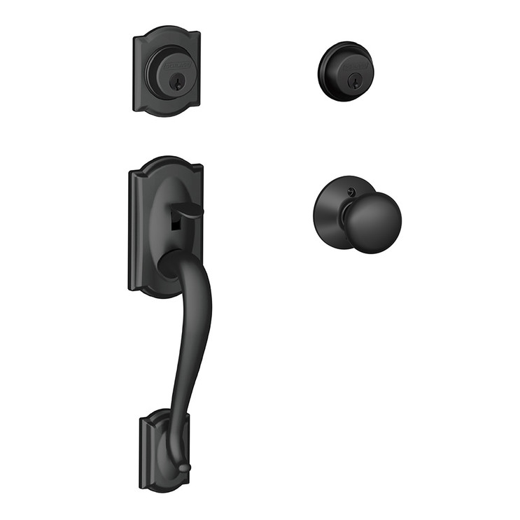 Schlage Residential F62 Camelot Double Cylinder Handleset With Plymouth Entrance Knob Style, Matte Black