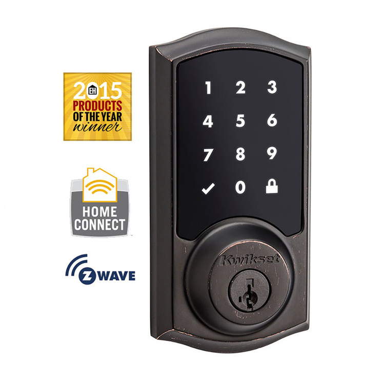 Kwikset Smartcode 916 Touchscreen Electronic Deadbolt, Smartcode 916 Traditional Touchscreen Electronic Deadbolt Smartkey With Home Connect, Round Corner Adjustable 20 Minute Ul Latch And Round Corner Strike, Venetian Bronze