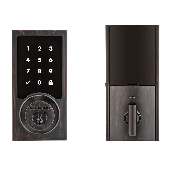 Kwikset Smartcode 916 Touchscreen Electronic Deadbolt Contemporary Smartkey With Home Connect, Round Corner Adjustable 20 Minute Ul Latch And Round Corner Strike, Venetian Bronze