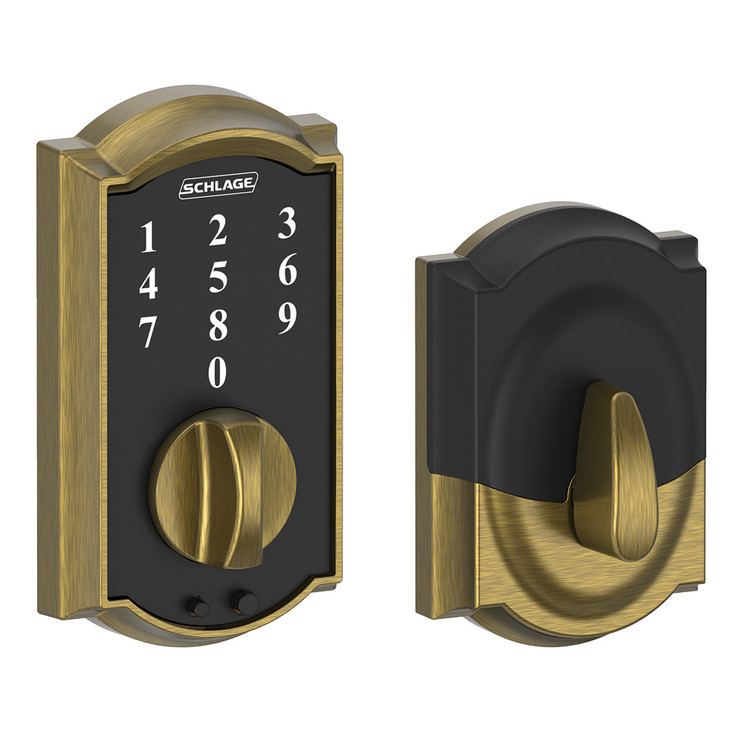Schlage Residential BE375 Touchscreen Deadbolt, Camelot Trim, Antique Satin Brass Blackened