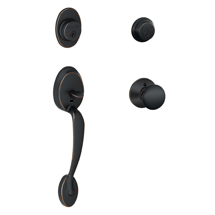 Schlage Residential F62 Plymouth Double Cylinder Handleset With Plymouth Entrance Knob Style, Aged Bronze