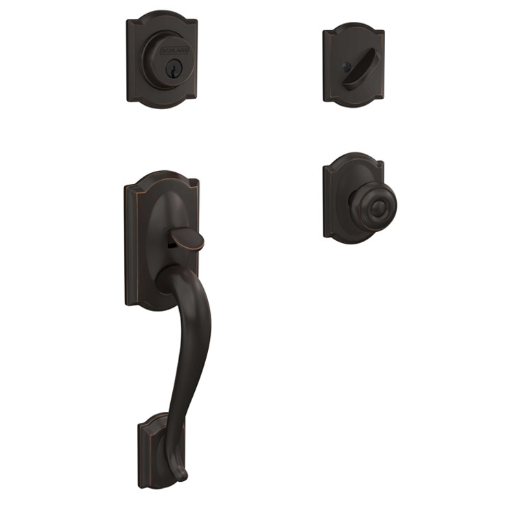 Schlage Residential F60 Camelot Handleset/Entrance Georgian Knob Complete Lock Style Handleset, Inside Rose, Aged Bronze