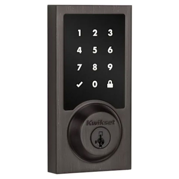 Kwikset Contemporary Push Button Electronic Deadbolt Smartkey, Z-Wave Wireless Protocol, Smartkey, Round Corner Adjustable 20 Minute Ul Latch, Round Corner Strike, Venetian Bronze