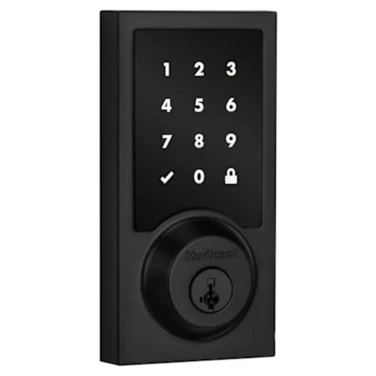 Kwikset Contemporary Push Button Electronic Deadbolt Smartkey, Z-Wave Wireless Protocol, Smartkey, Round Corner Adjustable 20 Minute Ul Latch, Round Corner Strike, Matte Black