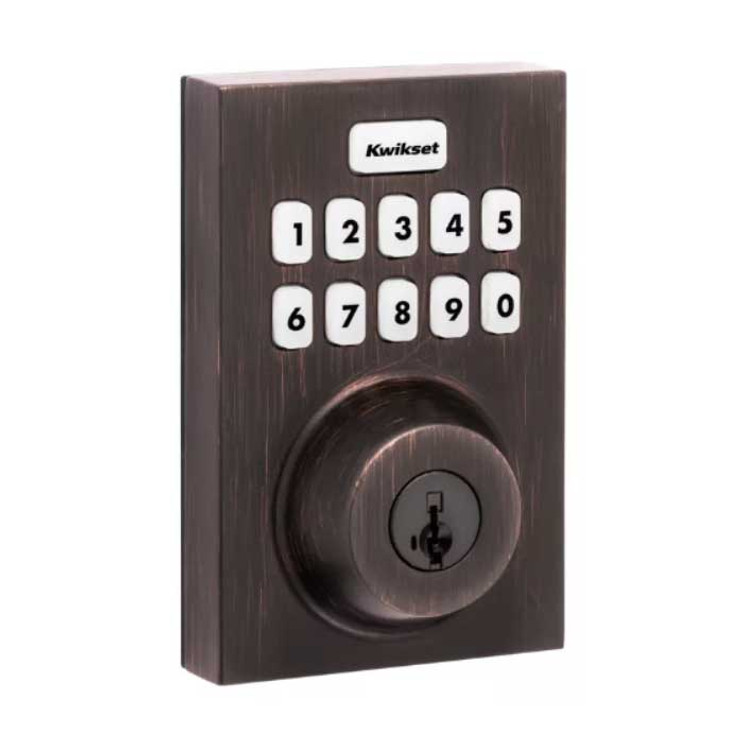 Kwikset Contemporary Push Button Electronic Deadbolt Smartkey, Z-Wave Wireless Protocol, Smartkey, Round Corner Adjustable 20 Minute Ul Latch, Round Corner Strike, Matte Black