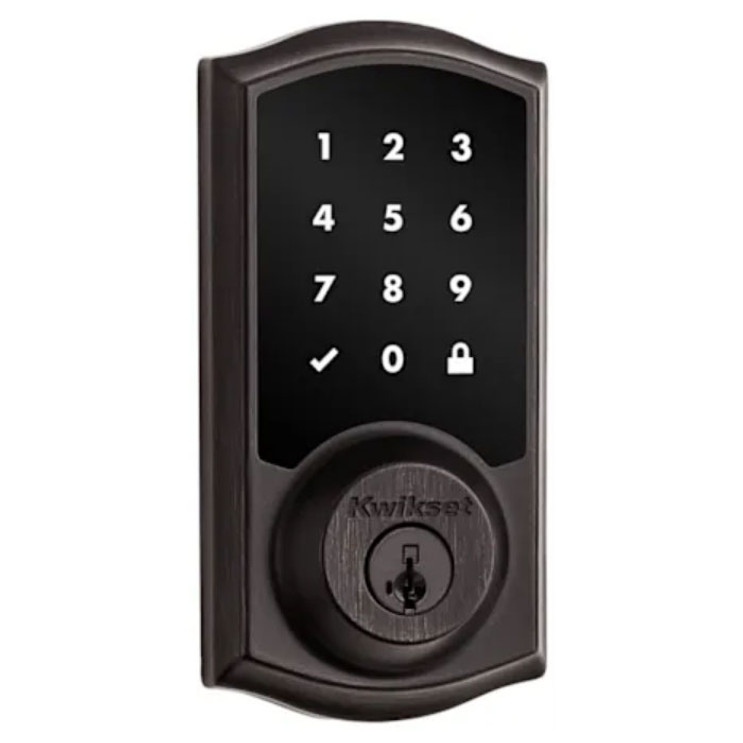Kwikset Traditional Push Button Electronic Deadbolt Smartkey, Z-Wave Wireless Protocol, Smartkey, Round Corner Adjustable 20 Minute Ul Latch, Round Corner Strike, Venetian Bronze