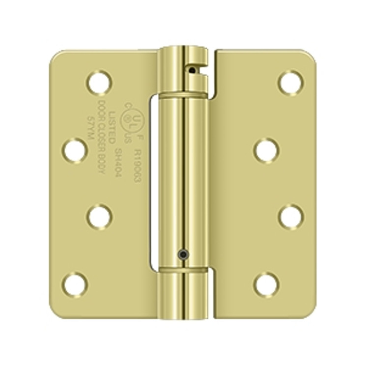 Deltana 4" X 4" X 1/4" Spring Hinge, Ul Listed Single Action, 1/ Round Corners, 0.097 Thickness, Bright Polished Brass