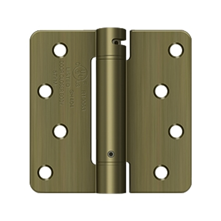 Deltana 4" X 4" X 1/4" Spring Hinge, Ul Listed Single Action, 1/ Round Corners, 0.097 Thickness, Satin Brass Blackened