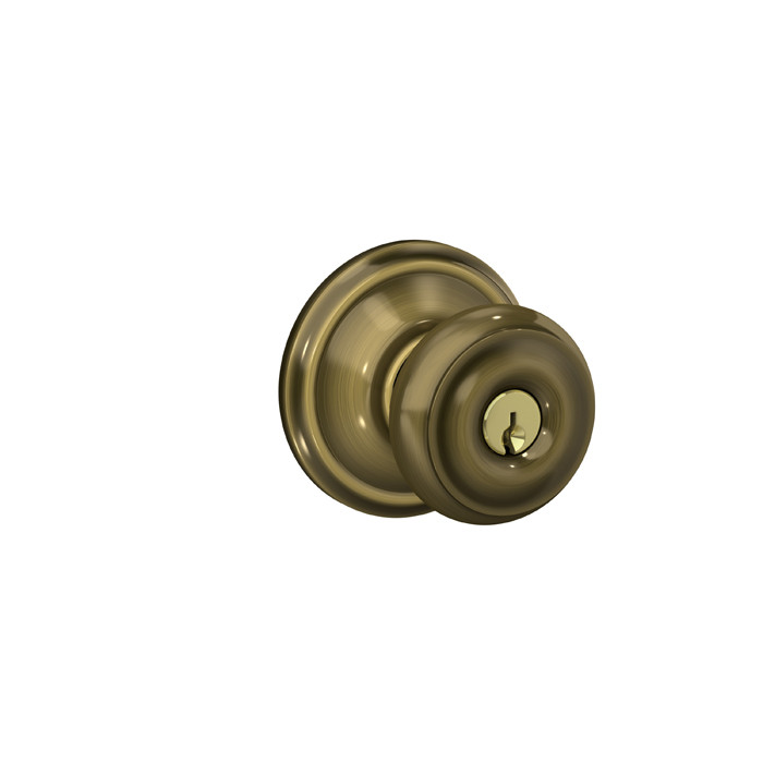 Schlage Residential F51A Georgian Keyed Entry Knob Lock In Vis Pack Function, Antique, Satin Brass Blackened
