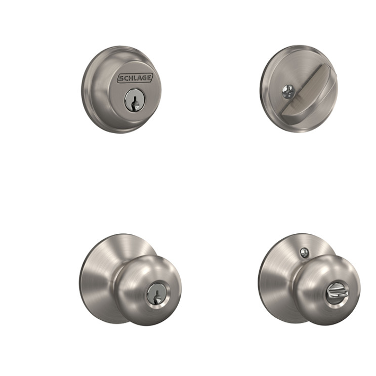 Schlage Residential FB50 Combination Plymouth Keyed Entry Knob And Single Cylinder Deadbolt In Vis Pack, Adjustable 2-3/8" or 2-3/4" Backset, Satin Nickel