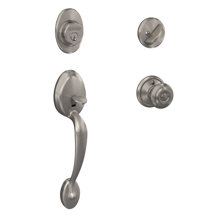 Schlage Residential F60 Plymouth Handleset/Entrance Georgain Knob Complete Lock In Vis Pack Style Handleset, Georgian, Satin Nickel