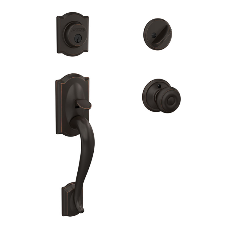 Schlage Residential F60 Camelot Handleset/Entrance Georgain Knob Complete Lock In Vis Pack Style Handleset, Georgian, Aged Bronze