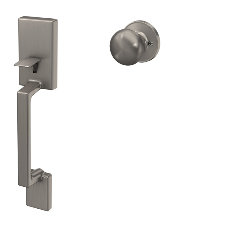 Schlage Residential Je285 Sutton Handleset With Stratus Interior Knob Style, Lower Half Of, Satin Nickel