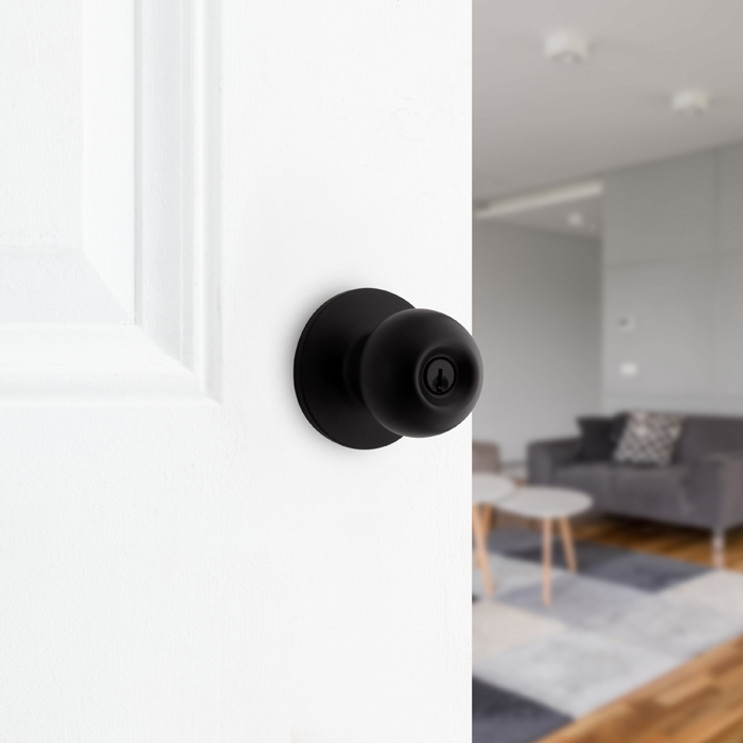 Safe Lock SK5000 Regina Keyed Entry Knob, Round Rose, Round Corner Adjustable Latch, Round Corner Strike, Keyed Alike in Groups of 3, Matte Black