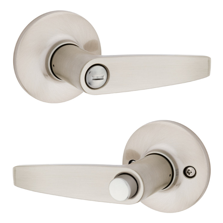 Safe Lock SL4000 Winston Privacy Lever, Push Button Inside, Round Rose, Round Corner Adjustable Latch, Round Corner Strike, Satin Nickel