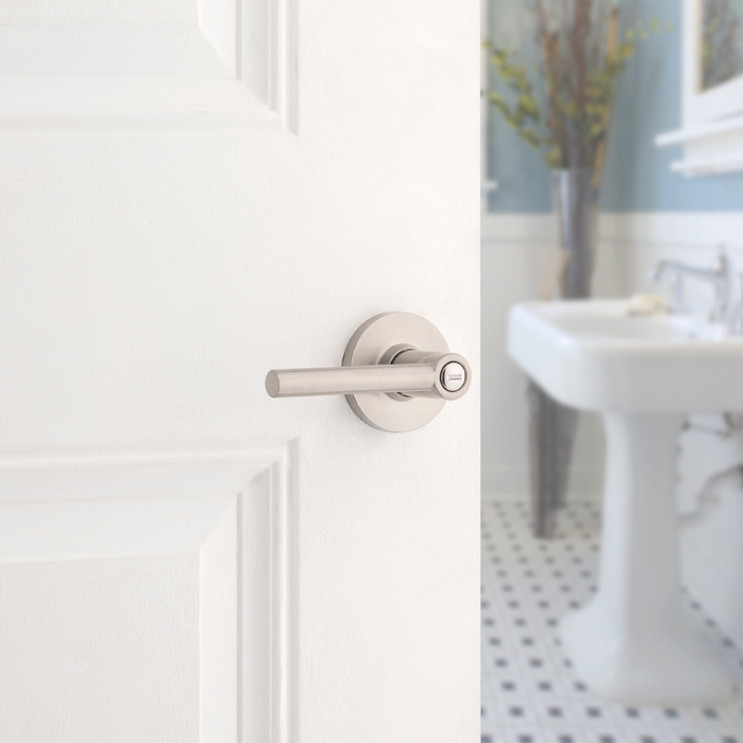 Safe Lock SL4000 Reminy Privacy Lever, Push Button Inside, Round Rose, Round Corner Adjustable Latch, Round Corner Strike, Satin Nickel