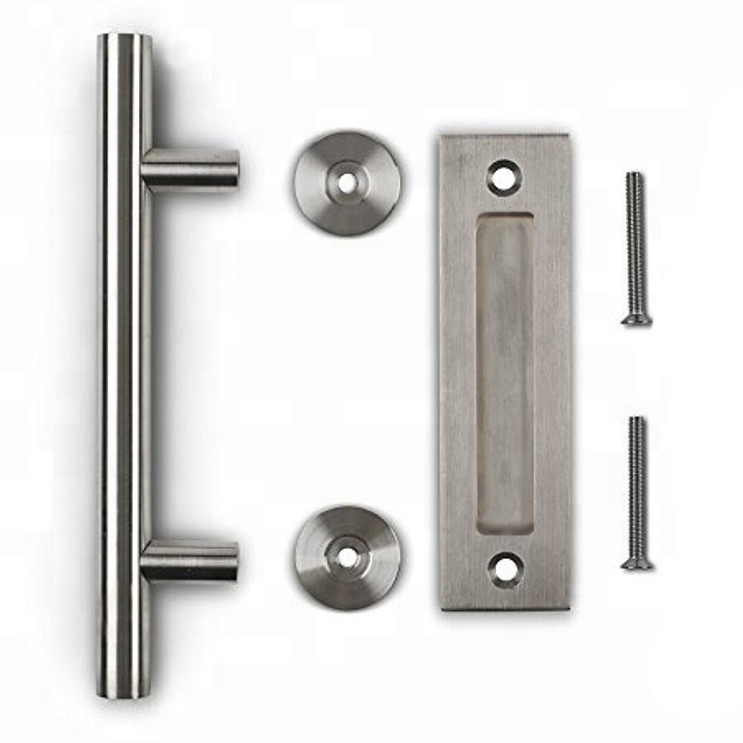 Orca Hardware Sliding Door Round Bar And Recessed Pull Combo 12" 8" Rectangular Flush, Satin Stainless