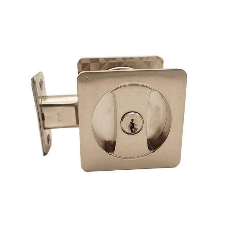 Orca Hardware Pocket Door Lock Keyed, Square, Entry Function, With 3 Brass Keys, Satin Nickel