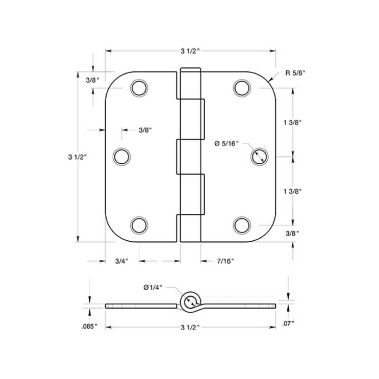 Deltana 3-1/2" X 3-1/2" X 5/8" Radius Corner Hinge Residential Steel, .085 Thickness, Satin Nickel