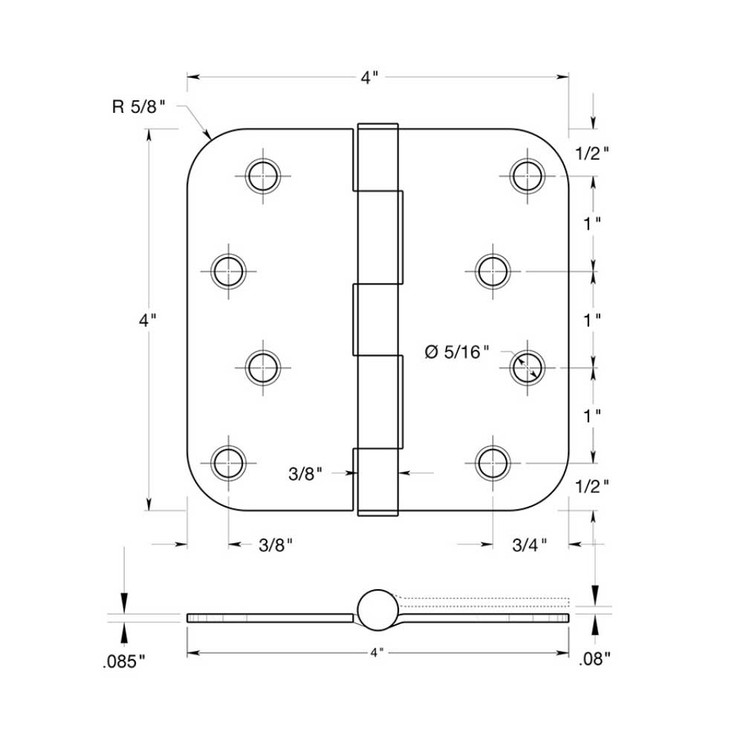 Deltana 4" X 4" X 5/8" Radius Corner Hinge Steel, .085 Thickness, Satin Nickel