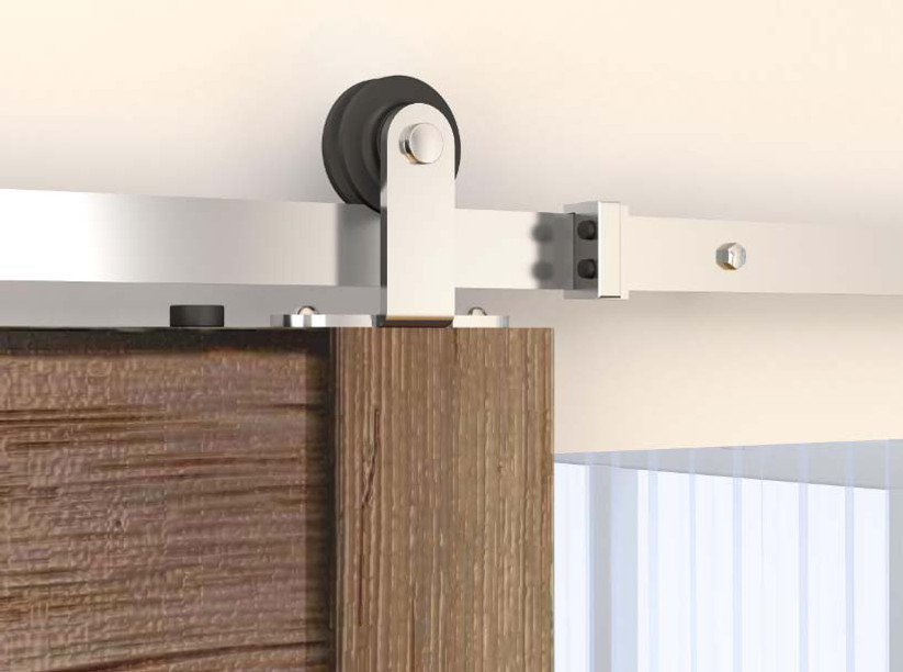 Orca Hardware 6'6" Barn Door-Flat Track Kit With Top Mount Hangers, Includes, Spacers, End Stops, Floor Guide, Connector, Anti-Jump Blocks And All Necessary Fasteners, Satin Nickel