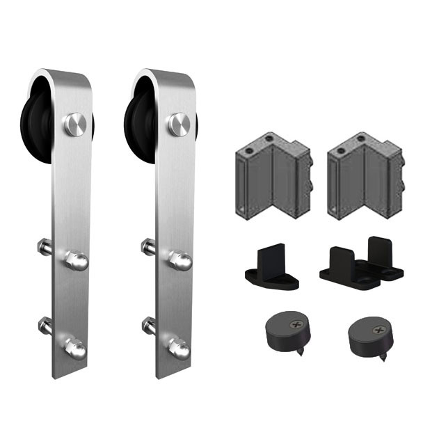 Orca Hardware Double Door Kit With Standard Drop Hangers, To Be Used Single Flat Track, Includes 2, 2 Stops, 2 Guides, And 2 Anti-Jump Blocks, Steel, Satin Stainless