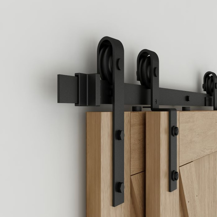 Orca Hardware 8' Bypass Flat Track With Standard Thrubolt Kit, Drop Hangers And Special Configuration Angle Hangers, Includes, Hangers, Spacers, End Stops, Floor Guide, Connector, Anti-Jump Blocks And All Necessary Fasteners, Matte Black