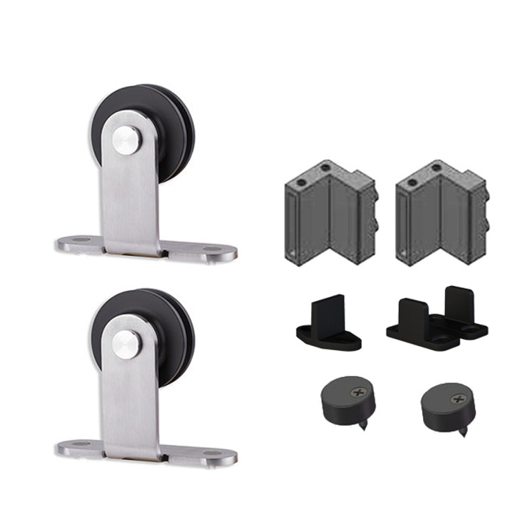 Orca Hardware Double Door Kit With Top Mount Hangers, To Be Used Single Flat Track, Includes 2, 2 Stops, 2 Guides, And 2 Anti-Jump Blocks, Steel, Satin Stainless