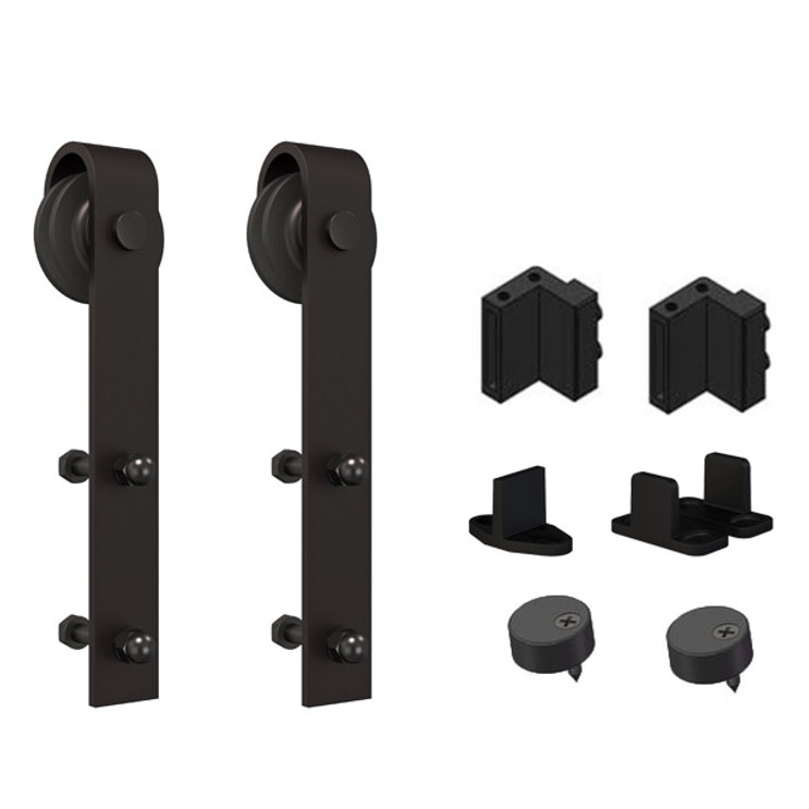 Orca Hardware Double Door Kit With Standard Drop Hangers, To Be Used Single Flat Track, Includes 2, 2 Stops, 2 Guides, And 2 Anti-Jump Blocks, Matte Black