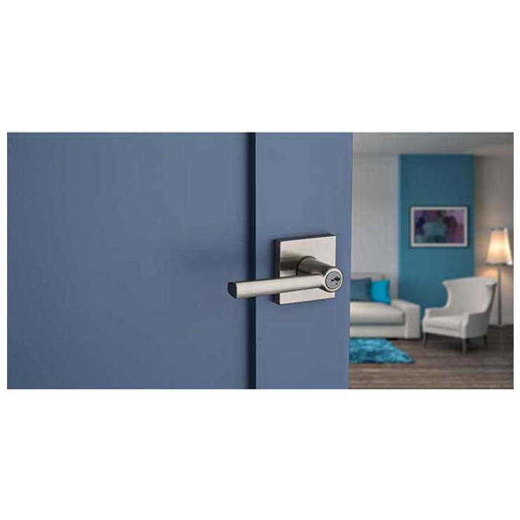 Kwikset Montreal Keyed Entry Lever Smartkey With Square Rose, 6-Way Adjustable Latch And Round Corner Strike, Satin Nickel