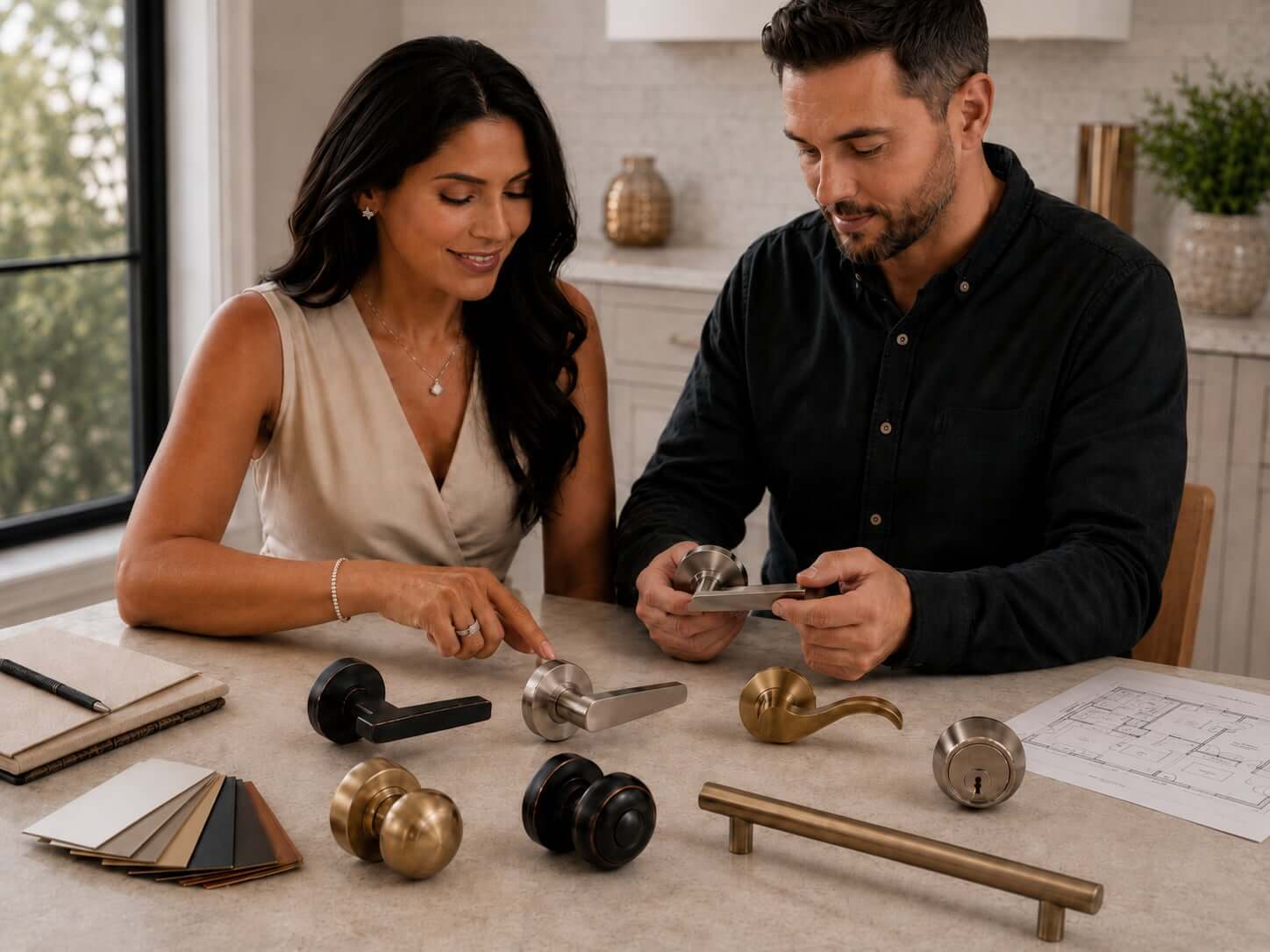 A homeowner and professional reviewing door hardware finishes and styles together at a table.