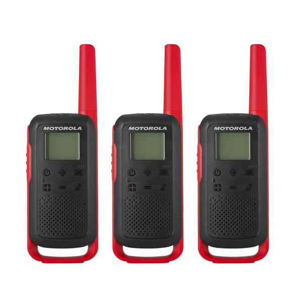 Motorola Talkabout T210 two-way radios in red and black, accompanied by accessories including belt clips, rechargeable batteries, and personalization stickers