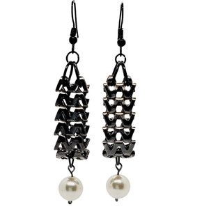 Jiana Deon Ziggy Pearl Drop Earrings with black lattice design and white faux pearl