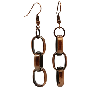 Handmade copper dangle earrings — sleek trio link design with antique finish.