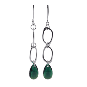 Green crystal statement earrings with gold oval links — artisan handmade jewelry by Jiana Deon.