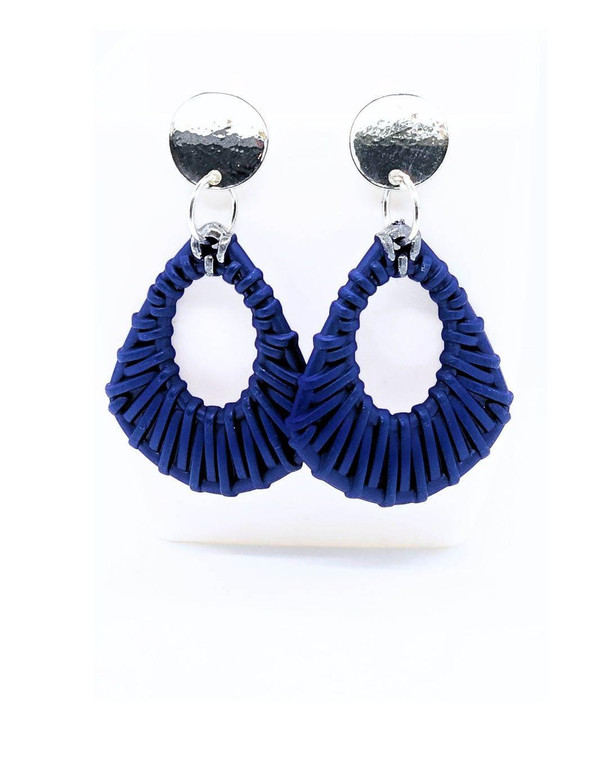 Cobalt Blue Woven earrings on white background. Handmade by Jiana Deon. Earrings for women