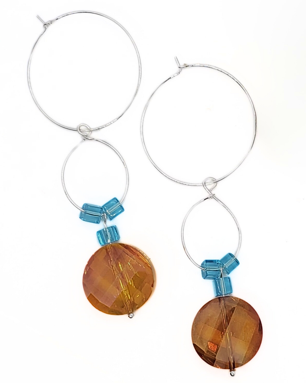 Amber Sparkle Earrings by Jiana Deon featuring amber and aqua blue glass stones