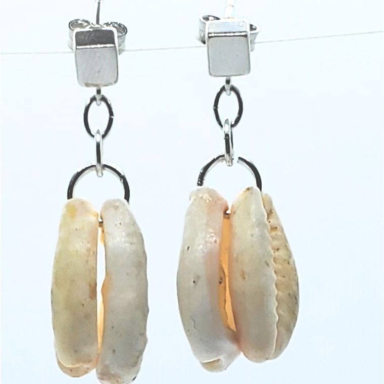 Unisex sterling silver cube and seashell dangle earrings