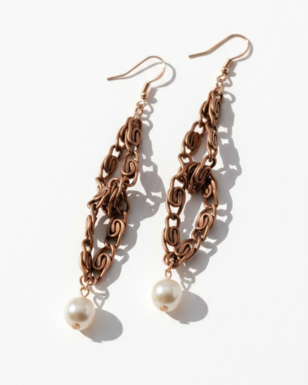 Jiana Deon Vintage Rope Earrings with faux pearl and rose gold accents