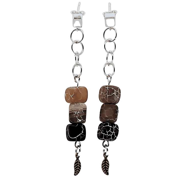Jiana Deon Gyda Dangle Earrings with matte cracked agate cubes and copper leaf accents